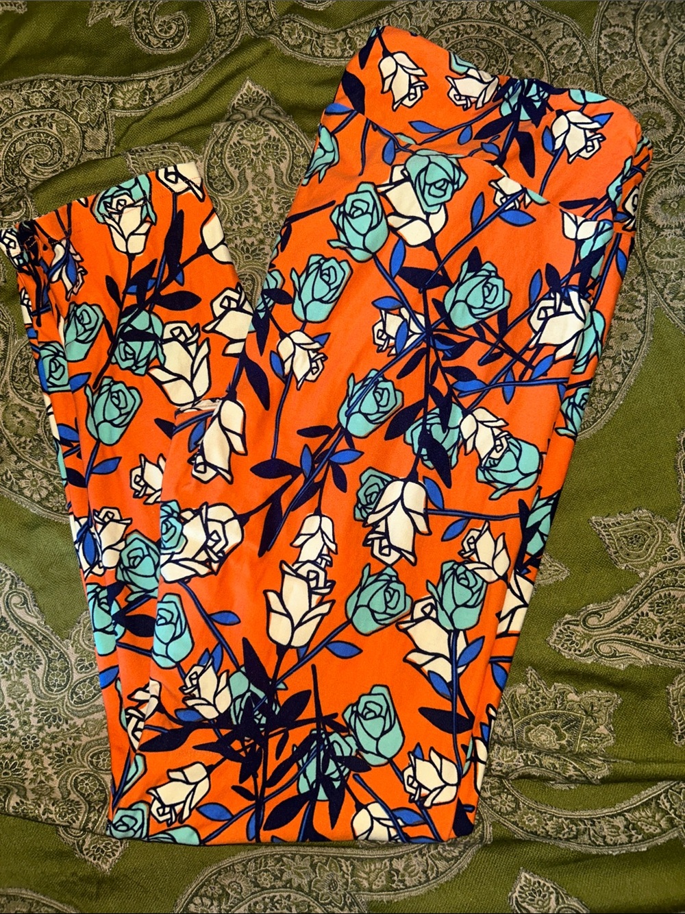 LuLaRoe Orange Ponte Leggings with Teal & White Rose Print